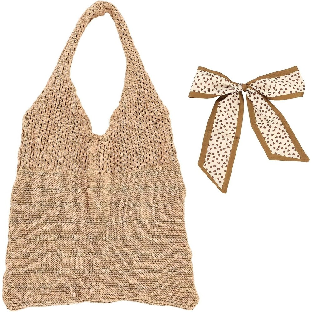 Woven Crochet Beach Tote Bag Boho Summer Shoulder Handbag w/ Scarf